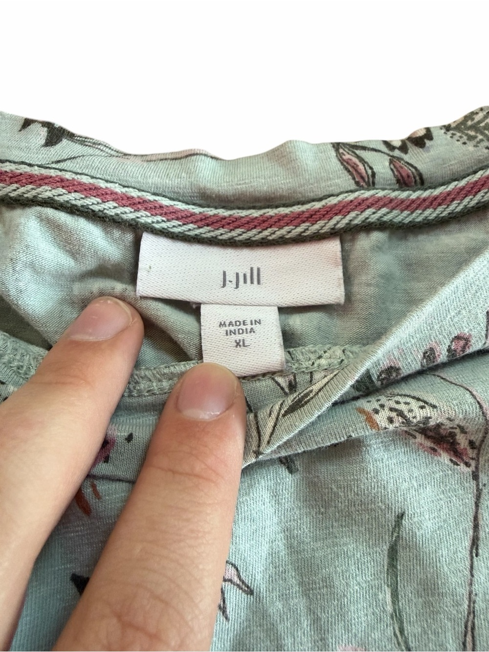 J. Jill Sage Green Floral Long Sleeve Top with Pink Trim - Picture 3 of 5